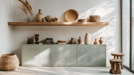 Fototapeta premium A close-up of a light gray, rectangular wooden sideboard with gently arched doors, showcasing its delicate craftsmanship and elegant design