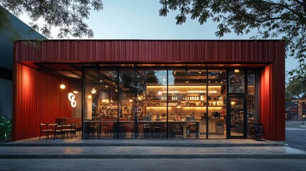 Obraz premium Modern Red Exterior Coffee Shop at Dusk