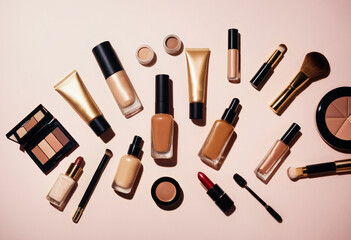 Obraz premium various makeup products and brushes arranged on white surface, beauty background concept