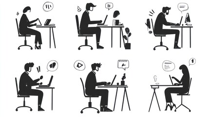 Fototapeta premium Remote Workers at Desks - Various Poses