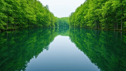 Serene Water Body Surrounded by Lush Green Trees in a Tranquil Forest Landscape Reflection