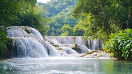 Serene Waterfall in Lush Tropical Paradise