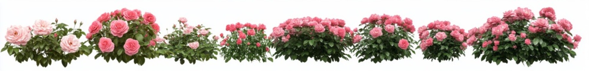 Pink Rose Bushes Arranged in a Row Against White Background