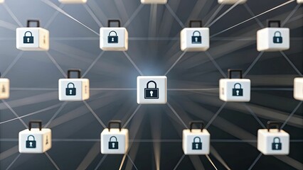 A floating network of digital cubes, each containing a small padlock icon, representing distributed security.