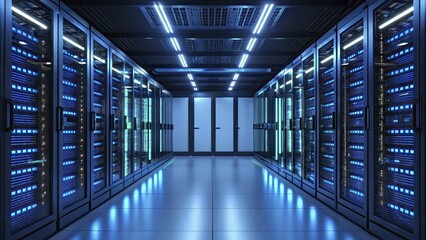 A futuristic server room bathed in cool blue light, with cables and data streams glowing brightly.