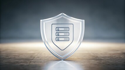 A transparent shield shape with layered security icons inside, placed on a subtle gradient backdrop.