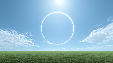 Bright White Circle in a Blue Sky Over a Green Field