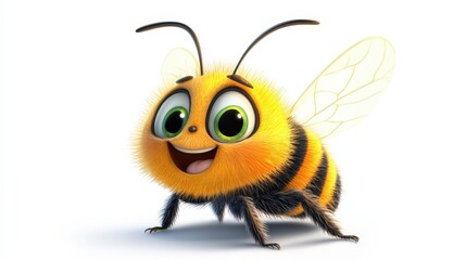 A vibrant 3D bee featuring yellow-black stripes and orange highlights. It boasts large emerald-green eyes, a round cheerful face, and elegant wings, capturing the essence of an enchanting insect in st