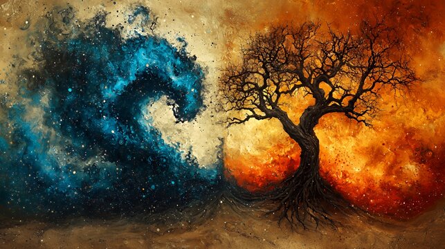 Abstract Fantasy Art: Blue Water Wave and Burning Tree