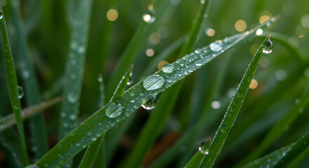 Closeup dew drops on lush green grass blades nature photography wet leaf on transparent background