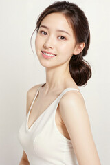 A woman with a white tank top and ponytail is smiling