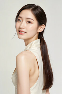 A woman with long hair and a white dress is smiling