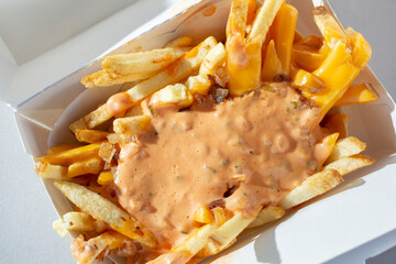 A top down view of a tray of loaded fries.