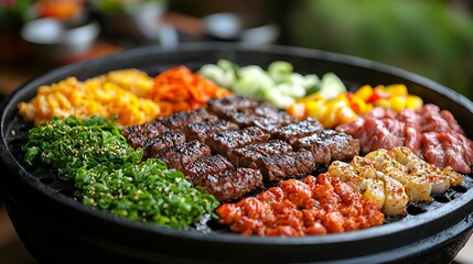 Obraz premium Assorted grilled meats and vegetables on a round grill
