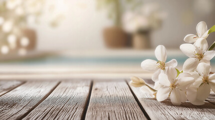 Fototapeta premium White Blossoms on Rustic Wood Spring Floral Tabletop Photo