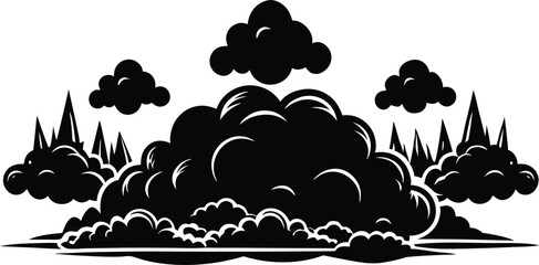 Clouds in the sky in black silhouette Collection of various cloud shapes icon