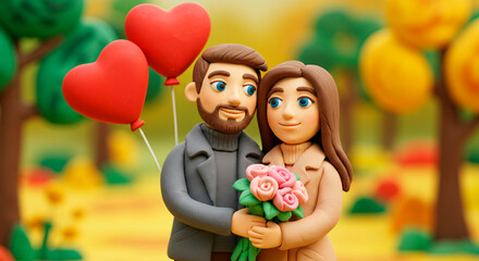 Romantic Clay Figurine Couple with Heart Balloons in an Autumn Park...