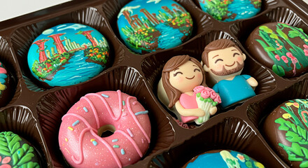 Gourmet Chocolate Box with Adorable Fondant Couple and Artistic Designs..