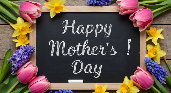 Happy mothers day chalkboard with spring flowers tulips daffodils on transparent background pink blue - Powered by Adobe