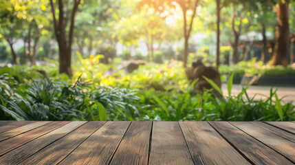 Wooden Tabletop Blurred Green Park Background Sunlight