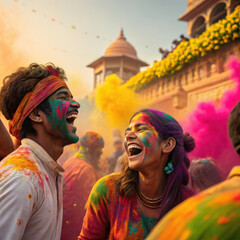 Obraz premium Joyful celebration at vibrant Holi festival with colorful powders, laughter, and lively atmosphere. Friends enjoying festive spirit together