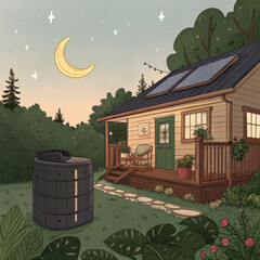 cozy eco friendly home with solar panels, surrounded by lush greenery and crescent moon in sky. scene evokes tranquility and harmony with nature