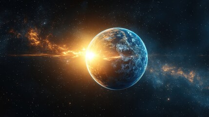 Fototapeta premium A mesmerizing close-up of a fiery planet at the heart of the scene, radiating an intense orange-yellow aura. Stars twinkle around it, casting a celestial glow