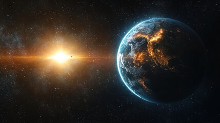 Fototapeta premium A mesmerizing close-up of a star-filled galaxy bathed in a radiant orange glow at its core, revealing the outer edges of this cosmic wonder