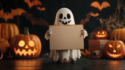Cute Halloween Ghost Character Holding Blank Sign with Spooky Pumpkins and Bats in a Cozy Fall Setting Ideal for Seasonal Decorations and Celebrations