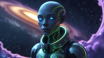 A mesmerizing, hyper-realistic visual representation of an astronaut alien in the space, intriguing, mystery, dark theme, majestic, galaxy, planets, created by generative ai