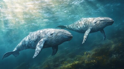 A majestic gray whale glides through deep blue waters, gracefully tilting its head to the left while facing right, embodying serene oceanic elegance