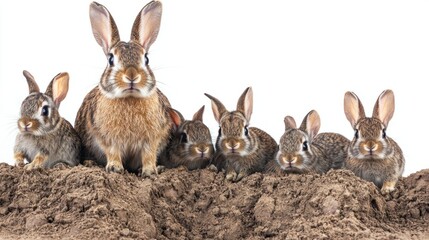 Obraz premium Group of Cute Rabbits Standing on a Mound of Soil in Nature