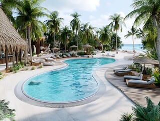 Fototapeta premium Relaxing poolside retreat in tropical paradise luxurious resort serene vibes scenic view