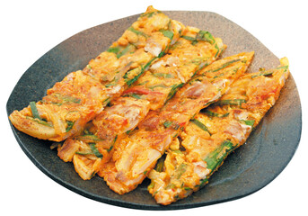 Kimchi jeon, Crispy Kimchi Pancake on a Black Plate