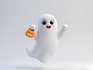 3D illustration of a cute Halloween ghost holding a pumpkin lantern