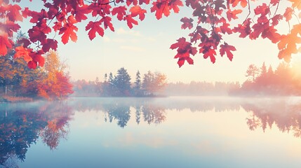 Autumn Sunrise over Misty Lake with Red Leaves
