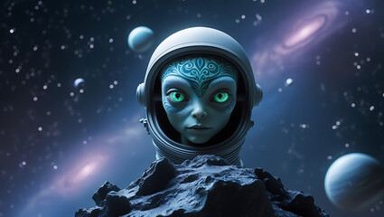 A mesmerizing, hyper-realistic visual representation of an astronaut alien in the space, intriguing, mystery, dark theme, majestic, galaxy, planets, created by generative ai