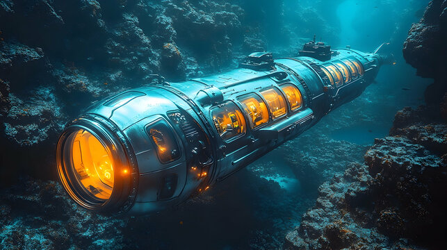 Futuristic Submersible Exploring Deep Ocean Trenches and Coral Reefs