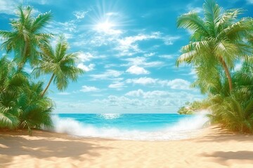 Sunny tropical Caribbean beach with palm trees and turquoise water, caribbean island vacation, hot summer day. 3D render.