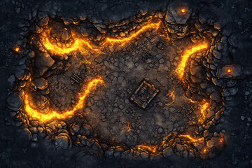 Top View of a Dark Fantasy Battle Map with Glowing Lava and Cracked Stone Terrain