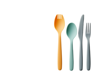 A baby spoon feeder, silverware, and a toothbrush elegantly arranged on a pristine white background for a fresh and clean presentation.