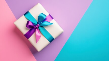 Gift Box With Colorful Ribbon On Pastel Background