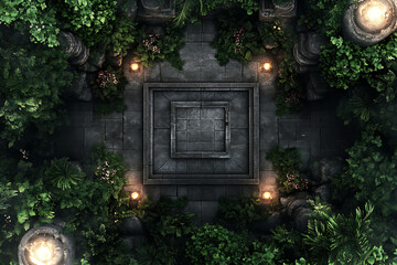 Overhead View of a Mysterious Stone Temple Battle Map Game Design: Dark Gray Square Structure in Lush Green Jungle, Illuminated by Small Lamps, Top