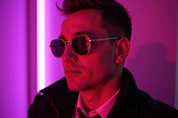 Fototapeta premium Stylish Young Man with a Modern Haircut and Sunglasses Standing Against Neon Pink Lighting, Exuding Confidence and Attitude