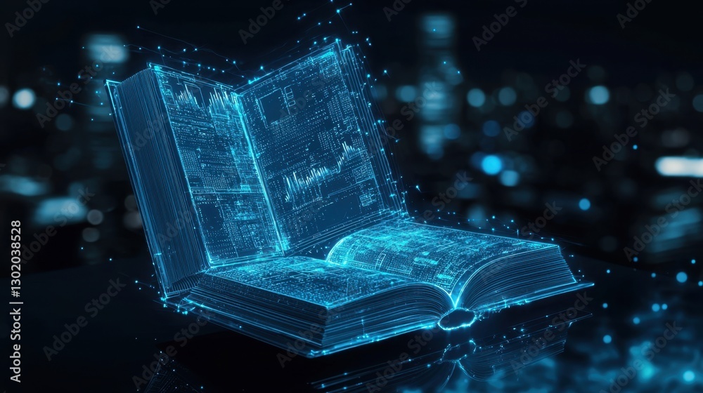 Poster digital book with glowing circuit patterns representing technology, knowledge, and information trans
