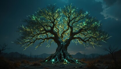 Fototapeta premium Glowing Mystical Tree in Dark Landscape Digital Art Fantasy Nature Night Scene