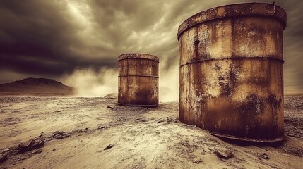 Fototapeta premium Rusty barrels, desert storm, apocalyptic landscape, environmental disaster