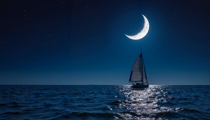 Sailing boat under crescent moon on calm ocean
