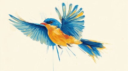 Obraz premium A vivid watercolor captures a radiant blue and yellow bird soaring majestically. Its expansive wings blend shades of blue, orange, and yellow against a dynamic backdrop