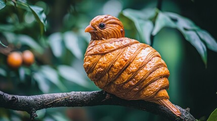 A pastry bird perched on a branch. AI.